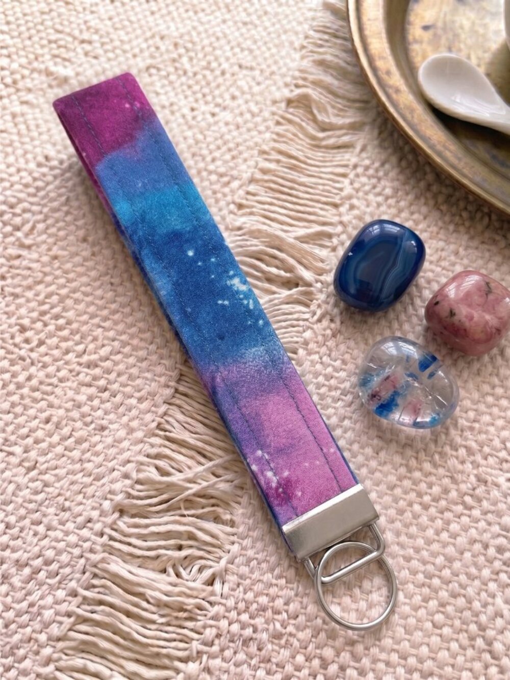 New Handmade Tie Dye Purple Teal Blue Watercolor Galaxy Fabric Key Fob Wristlet